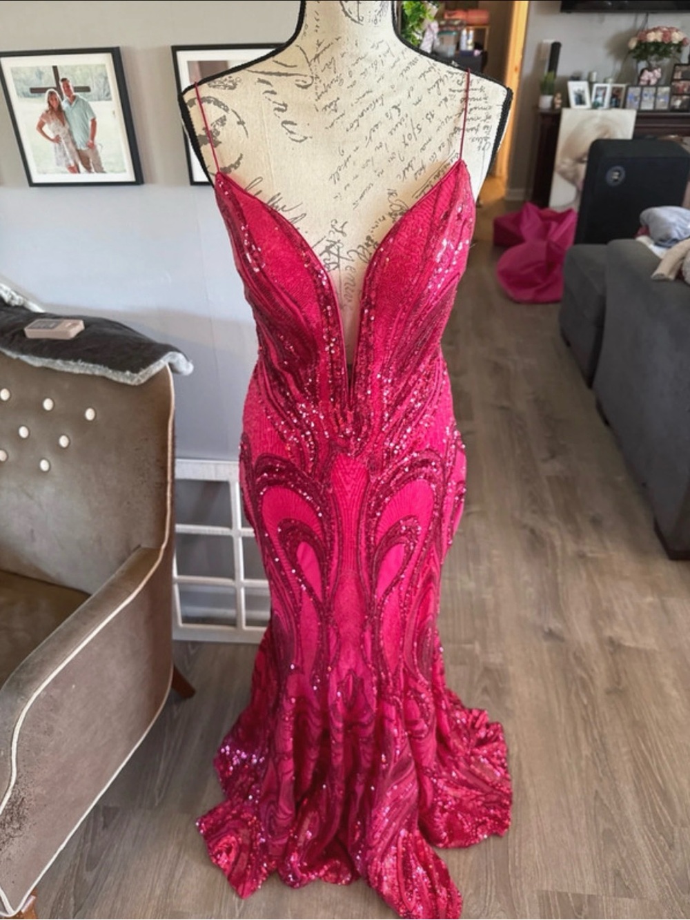Alyce Paris Hot Pink Sequin Plunge Mermaid Gown